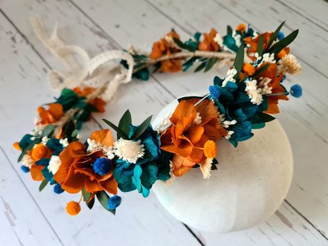 Blue And Orange Hydrangea Dry Flower Crown,Fall bridal Crown,Orange Dry Flowers Crown,Autumn Flower Crown,Bridesmaid Flower Gift Orange Blue Wedding, Autumn Flower Crown, Flower Crown Blue, Orange Flower Crown, Blue And Orange Wedding, Flower Crown Bridesmaid, Flowers Crown, Orange Wedding Flowers, Dark Environment