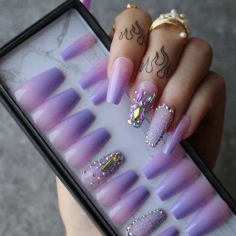 Box gift ombre Purple Lavender coffin false nails Crystal design design caviar Shaped drill Trapezoid fake nails Custom logo _ - AliExpress Mobile Nail Crystal Designs, Nails Jewellery, Ombre Purple, Nail Swag, Nail Forms, Nail Length, Crystal Nails, Crystal Design, Nailed It