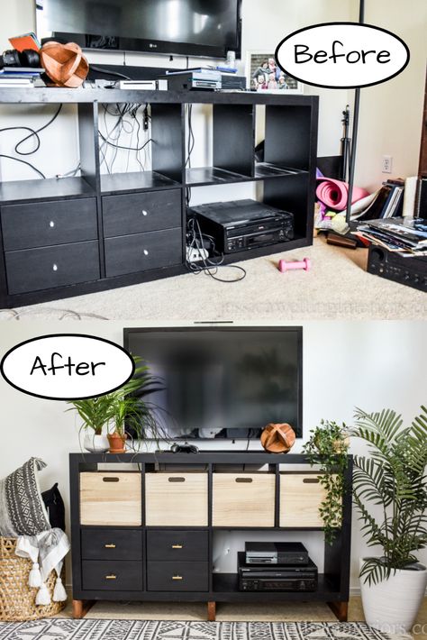 DIY TV console makeover Tv Console Makeover, Kallax Bookshelf, Old Tv Consoles, Console Makeover, Cheap Furniture Makeover, Varathane Wood Stain, Tv Rooms, Ikea Expedit, Tv Unit Decor