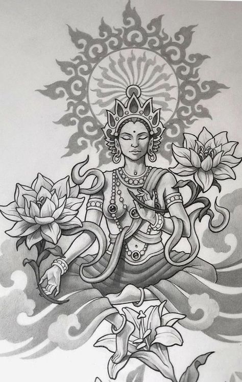 Buddhist Goddess Tattoo, Buddha Back Tattoo Women, Indian Goddess Tattoo, Vimanika Arts, Hindu Goddess Tattoo, Judgement Tattoo, Buddism Tattoo Ideas, Female Buddha Tattoo, Buddha Back Tattoo