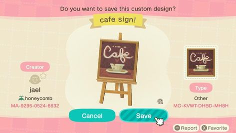 Acnh Towncore, Acnh Cafe, Anch Designs, Acnh Springcore, Acnh Signs, Animal Crossing Cafe, Hot Chocolate Sign, Stall Signs, Fall City