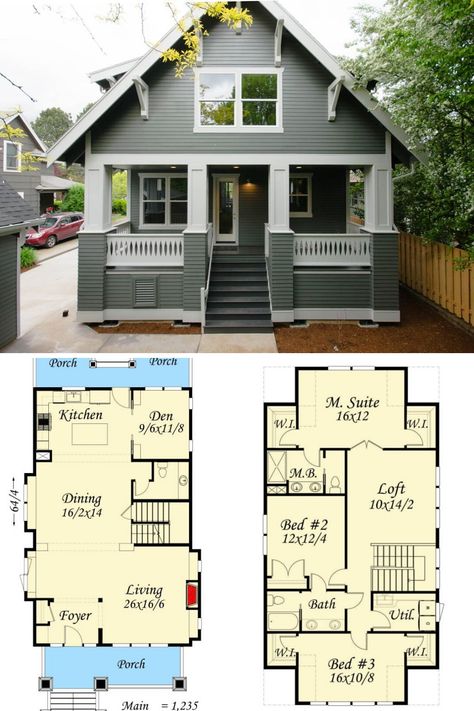 Beautiful white and gray exterior of this 4 bedroom, 3.5 bathroom, two story craftsman bungalow house plan with northwest style and country cottage exterior architectural style. The full over 2000 sq ft floor plan, layout, and blueprint includes the preview of its beautiful luxury modern craftsman room interior. (https://www.architecturaldesigns.com/house-plans/handsome-bungalow-house-plan-85058ms) #houseplans #floorplans #2story #2storybungalowhouseplans #blueprintshouse House Layout Plans 4 Bedroom Modern, Storybook Bungalow House Plans, Bungalow Floor Plans 2 Story, Small 4 Bedroom House Plans 2 Story, 3 Bedroom 2 Story House Plans, Small Two Story House Design, Small 2 Story House Plans, Bungalow Layout, Bungalow Inspiration