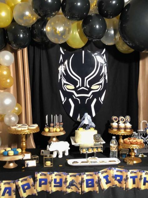 Black Panther Birthday Party Ideas | Photo 31 of 39 Black Panther Birthday Party Ideas, Wakanda Party, Black Panther Birthday Party, Black Panther Birthday, Black And White Balloons, Lincoln Birthday, Marvel Birthday Party, Avenger Birthday Party, Reunion Ideas