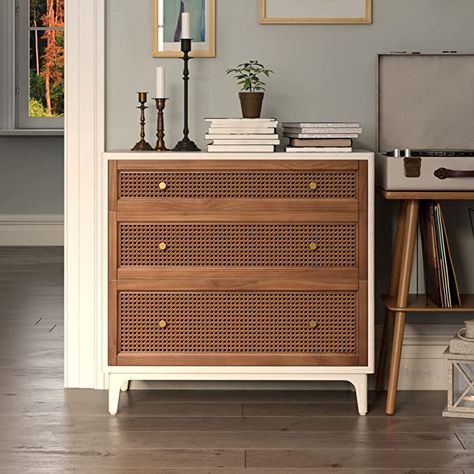 Amazon.com: COZAYH Farmhouse 3-Drawer Rattan Cane Front Accent Dresser with Brass Knobs for Living Room, Bedroom Distressed White, 3-Drawer Dresser (X02011-1) : Home & Kitchen Accent Dresser, Rattan Dresser, Black Nightstand, Rattan Cane, Cane Furniture, 3 Drawer Dresser, Accent Chest, End Tables With Storage, Brass Knobs