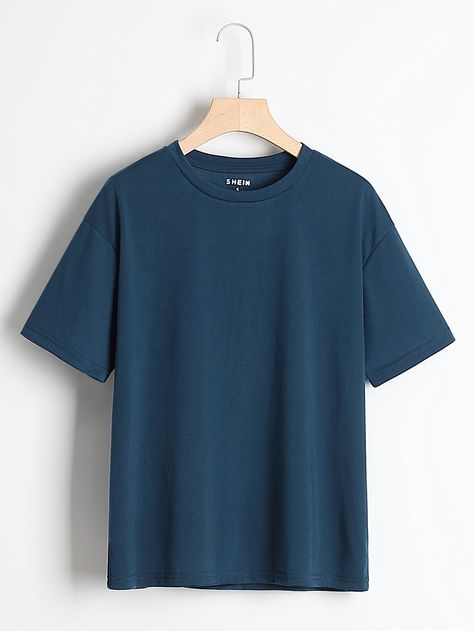 Navy Blue Basics  Short Sleeve Polyester Plain  Embellished Slight Stretch Summer Women Tops, Blouses & Tee Blue Tee Outfit, Plain Blue T Shirt, Plain Tee Outfit, Blue Tshirt Outfit, Plain Tee Shirts, Dark Blue Shirt, Navy Blue T Shirt, Plain Outfits, Drop Shoulder Tee