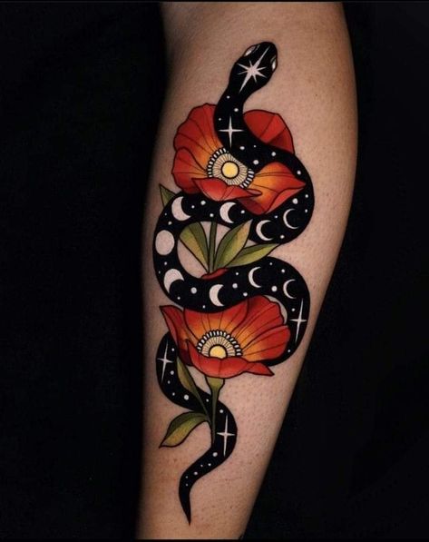 Neotraditional Sleeve Women, Chest Tattoo Female Color, Poppy Hand Tattoo, Poppy Tattoo Traditional, Neotraditional Snake Tattoo, Snake Tattoo Color, Old School Color Tattoo, Neo Traditional Snake Tattoo, Old School Hand Tattoo