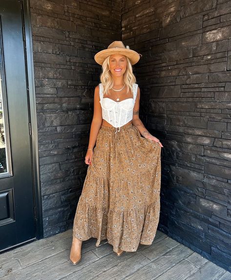 I V O R Y B U C K 𐂂 | All eyes on our new Wanderlust Maxi Skirt 😍 so boho and a perfect fall transition… | Instagram Denim Shirt With Skirt, Winery Outfits Summer Wine Tasting, Winery Outfit Summer, Shirt With Skirt, Bridal Romper, Vibe Outfits, Wineries Outfit, Fields Of Flowers, Vintage Hipster