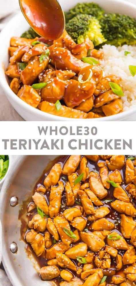 This Whole30 teriyaki chicken is a delicious Chinese takeout inspired recipe made with only 6 ingredients! Naturally sweet, thanks to teriyaki or ginger lime coconut aminos, it only takes about 10 minutes to make, so it's perfect for a weeknight dinner. Gluten free, paleo. #whole30 #paleo #chinese #dinner #chicken Paleo Chicken Teriyaki Recipe, Whole 30 Chinese Food, Chicken Pollo, Dinner Gluten Free, Paleo Ideas, 40 Aprons, Pollo Teriyaki, Easy Teriyaki Chicken, Whole30 Dinner