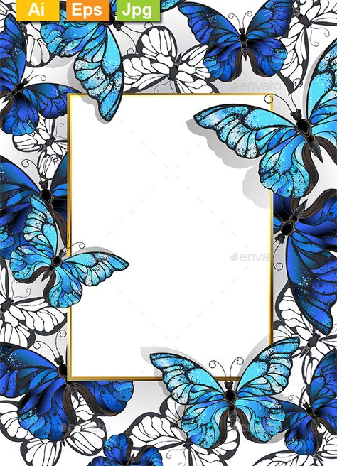 Rectangular banner with gold frame and blue, realistic, butterflies morpho on a light background. Design with blue butterflies mor Blue Butterfly Border Design, Butterfly Border Design, Morpho Azul, Light Background Design, Tattoo Shoulder, Gold Banner, Frame Border Design, Flower Tattoo Shoulder, Blue Invitation