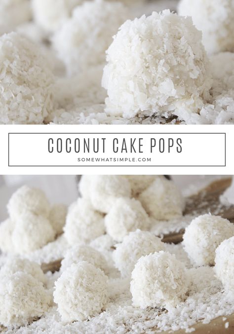 Coconut Cake Pops are tasty little treats that are simple to make! They're a fun and festive dessert that will totally please a crowd! #cakepop #cakeballs #coconut #snowballs #treats #abominable #everest via @somewhatsimple Coconut Cake Pops, Coconut Cake Balls, Cake Pop Flavors, Cake Pop Recipes, Cake Ball Recipes, Coconut Snowballs, Cookie Bites, 40th Cake, Coconut Balls