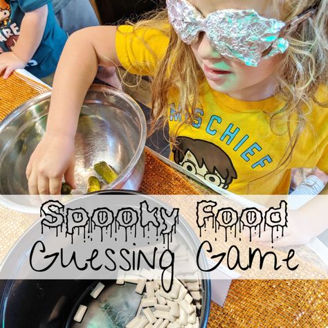 Spooky Food Guessing Game - Raising Hooks Halloween Guessing Game With Food, Cornstarch And Conditioner, Haunted House For Kids, Creepy Food, Creepy Halloween Party, Diy Playdough, Spooky Games, Sensory Games, Halloween Sensory