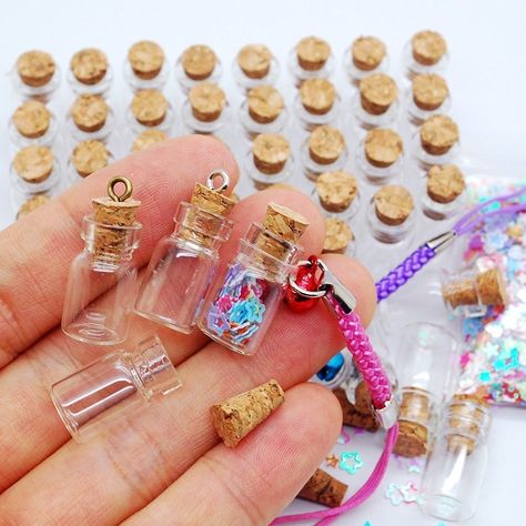 Tiny Jars, Small Glass Bottles, Glass Bottles With Corks, Mini Glass Bottles, Mini Jars, Clear Jars, Miniature Bottles, Clear Glass Jars, Bottle Charms