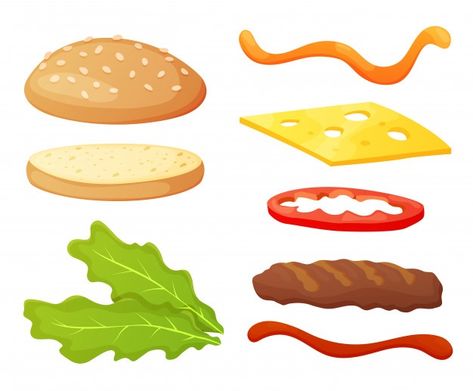 Build Your Own Burger, Bread Burger, Cartoon Bread, Burger Ingredients, Make Your Own Burger, Sliced Vegetables, Burger Vector, Burger Maker, Doll Template