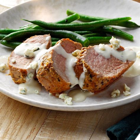 Mustard Pork Tenderloin, Gorgonzola Sauce, Pork Schnitzel, New Years Dinner, Gorgonzola Cheese, Stuffed Pork Tenderloin, Pork Tenderloin, Beef Dishes, Sauce Recipe