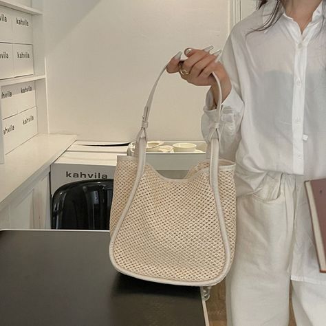 Woven Straw Bag Fashion Large Capacity Leather Handles Underarm Bag Bohemian White Beach Bucket Bag Beach Bucket, Straw Beach Bag, Go Bags, White Beach, Underarm Bag, Leather Bucket Bag, Casual Tote, Leather Handles, Fashion Help