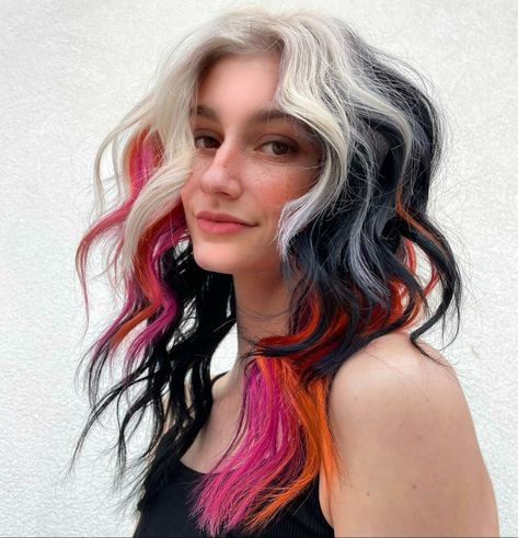 Tricolor Hair, Wig Closet, Sunset Hair Color, Magical Hair, Sunset Hair, Dramatic Hair, Multi Colored Hair, Hair Color Shades, Emo Hair