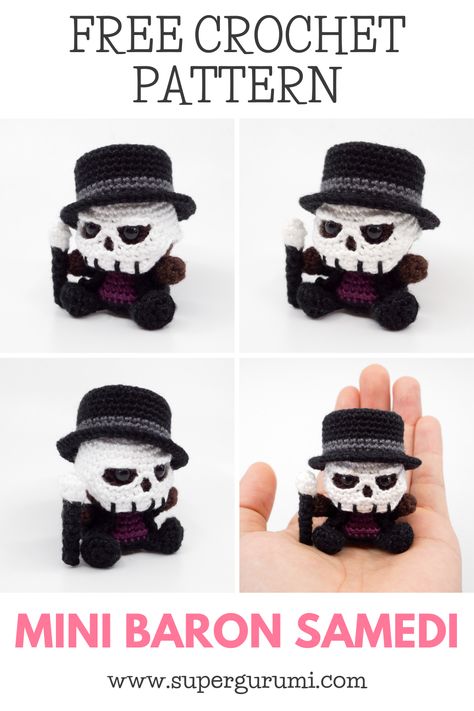 Free Baron Samedi Crochet Pattern by Supergurumi. This cool Baron Samedi is easy to crochet with a step by step description and many pictures. Click the link to view the free pattern. #amigurumi #crochet #crochetpattern #baronsamedi #halloween Amigurumi Horror Free Pattern, Skull Amigurumi Pattern Free Crochet, Plague Doctor Amigurumi Free Pattern, Crochet Sandworm Pattern Free, Gothic Amigurumi Free Pattern, Creepy Cute Crochet Patterns Free, Free Zombie Crochet Patterns, Demon Crochet Pattern, 30 Min Crochet Patterns Free