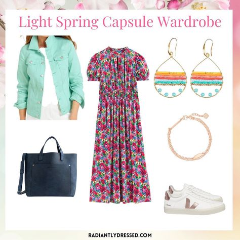 Light Spring Capsule, Light Spring Capsule Wardrobe, Completer Pieces, Light Spring Palette, Radiant Woman, Light Spring Colors, Spring Palette, Neutral Shoes, Spring Capsule