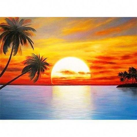 Sunset Painting Easy, Seashore Paintings, Beach Sunset Painting, Lukisan Lanskap, Simple Oil Painting, Tree Of Life Painting, Easy Landscape Paintings, Beautiful Landscape Paintings, Night Sky Painting