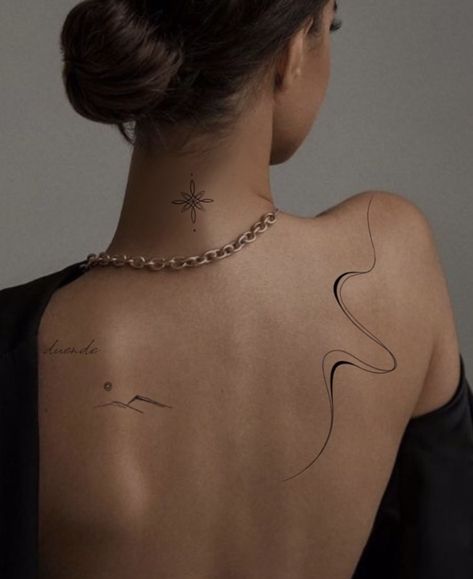 Line Tattoos On Back, Coi Fish Hand Tattoos, Womens Torso Tattoos, Tattoo Ideas Female Line Work, Minimal Tatoos Idea Woman, Fine Line Dainty Tattoo, Organic Line Tattoo, Fineline Shoulder Tattoo, Water Line Tattoo