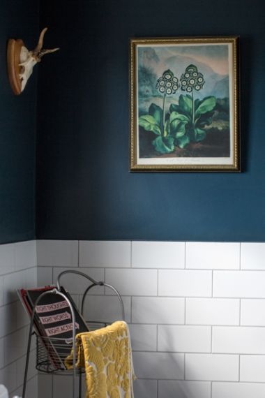 The bathroom is a split between Farrow & Ball Hague Blue and white tiles from Tiles at a Click. The painting came from the Dublin Flea Market.: Hague Blue Bathroom, Farrow Ball Hague Blue, Blue And White Tiles, Farrow Bal, Hague Blue, White Bathroom Tiles, Upstairs Bathrooms, Trendy Bathroom, Blue Bathroom