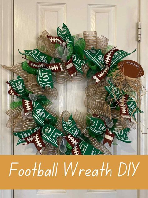 Football Mesh Wreath Diy, Football Team Wreaths Diy, Team Wreaths For Front Door, How To Make A Football Wreath, Sports Team Wreaths Diy, Football Wreaths For Front Door Diy, Football Season Wreaths, Football Themed Wreaths, Diy Football Wreaths For Front Door