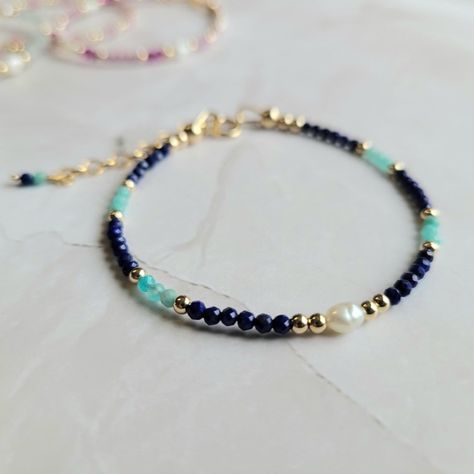 Dainty Handmade Gold Filled Bracelet with Lapis Lazuli, Amazonite, and Freshwater Pearls Handmade Gold, Lapis Lazuli, Freshwater Pearls, Fresh Water, Gold Filled, United Kingdom, Beaded Bracelets, Ships, Bracelet