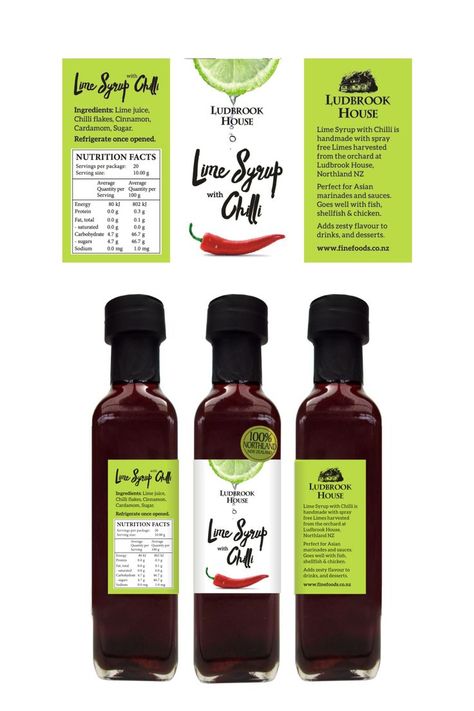 Colourful label design for Lime & Chilli Syrup by Ludbrook House. I focused on a clean, modern and minimal design with a splash of colour. Splash Of Colour, Chilli Flakes, Clean Modern, Lime Juice, Serving Size, Minimal Design, Label Design, Nutrition Facts, Syrup