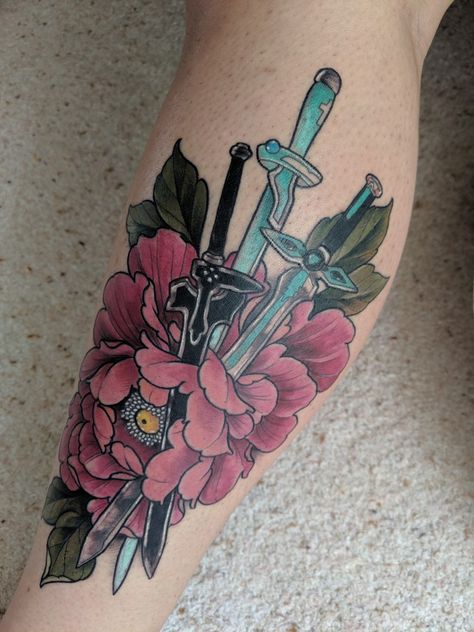 Tengen Swords Tattoo, Sao Tattoo Ideas, Kirito Wallpapers, Sao Tattoo, Swords Tattoo, Anime Sleeve, Seven Swords, Dragon Tattoo Drawing, Gamer Tattoos