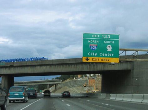 I-5 Exit 133- I-705 North: Tacoma City Center & Wa 7 South: Mt. Rainier Tacoma City, Garden Grove California, Interstate 5, Garden Grove, Mt Rainier, North South, Road Signs, City Center, Highway Signs