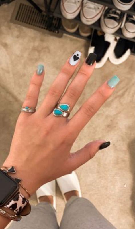 Cute Western Nails Acrylic Coffin, Western Nails Country Simple, Senior Year Nails Ideas, Western Checkered Nails, Country Music Concert Nails, Dark Blue Western Nails, Black And Turquoise Nails Western, Teal And Black Nail Ideas, Mail Inspo Coffin