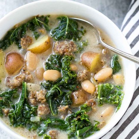 Tuscan Sausage and Kale Soup - Simply Whisked Italian Sausage And Kale Soup, Dairy Free Soup Recipe, Tuscan Sausage, Sausage And Kale Soup, Sausage And Kale, Kale Soup Recipes, Sausage Kale, Tuscan Soup, Dairy Free Soup