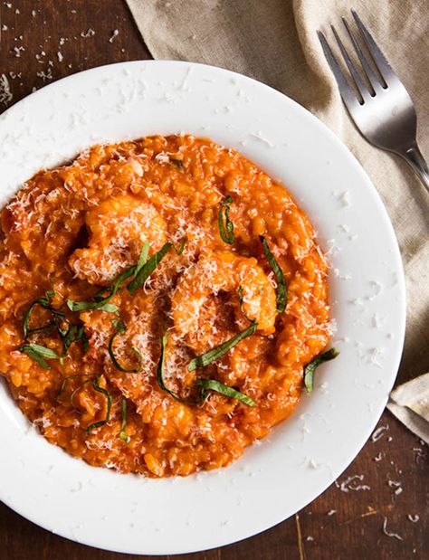 TUT_LemonyShrimpRisottoSeriousEats Shrimp Risotto, Seafood Risotto, Tomato Risotto, Arborio Rice, Tomato Sauce Recipe, Pescatarian Recipes, Risotto Recipes, Serious Eats, Basil Leaves