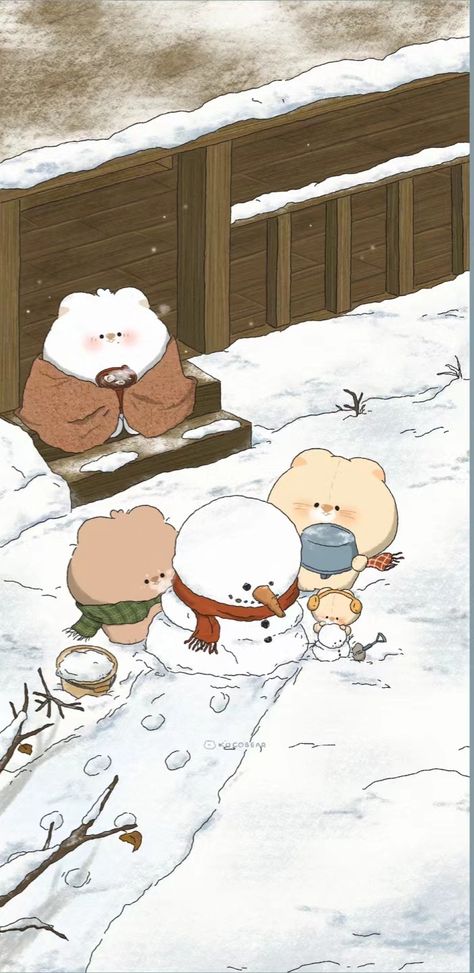 Kawaii Winter Wallpaper Iphone, Cute Drawings Bear, Animated Winter Wallpaper, Studio Ghibli Winter Wallpaper, Winter Themed Wallpaper, Winter Cartoon Wallpaper, Anime Winter Aesthetic, Winter Anime Aesthetic, Winter Bear Wallpaper