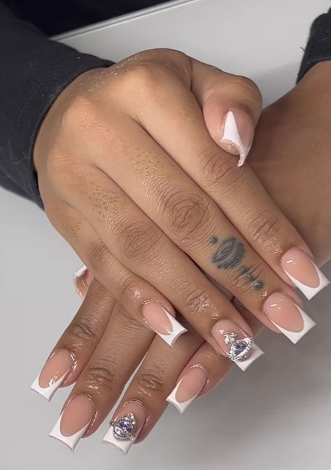 Shirt Baddie Nails, French Tip Nails With Planet Charms, Cuticle Bling Nails, Short Square Acrylic Nails French Tips With Gems, White French Nails With Charms, Short White Nails With Gems, Short French Tip Nails With Charms, Fresh Tip Acrylic Nails, Short Frenchies With Charms