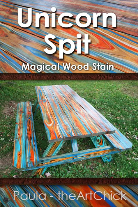 Unicorn Spit Color Wood Stain on a Picnic Table -by the Art Chick.   Unicorn Spit a magical stain!  It blends like butter while maintaining it's vibrant color.  Click to read more.  Check out youtube  (Update) picnic table tutorial videos up now! :) www.youtube.com/theartchick -Sub for notifications on art learning videos. #UnicornSpit #theartchick Color Wood Stain, Painted Picnic Tables, Unicorn Spit Stain, Outdoor Picnic Table, Magic Wood, Unicorn Spit, Picnic Tables, Painting Furniture Diy, Funky Painted Furniture