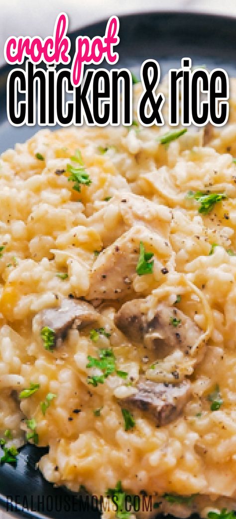 Cheesy chicken and rice on a plate with parsley garnish on top. Favorite Crockpot Meals, Crockpot Rice Recipes, Crock Pot Chicken And Rice, Chicken And Rice Crockpot, Easy Crockpot Meals, Summer Crockpot, Chicken Breast Crockpot Recipes, Summer Crockpot Recipes, Crockpot Chicken Breast