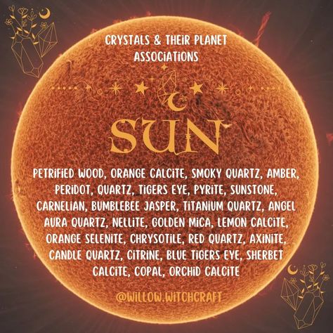 Crystals & their Planet Associations ~ Sun #todaysposts #topicoftheday #sun #planets #planetsandcrystals #crystalassociations #planetsandcrystalsassociations Solar Witch, Sun Planet, Moon Journal, Titanium Quartz, Learn Astrology, Red Quartz, Witch Spell Book, Angel Aura Quartz, Orange Calcite