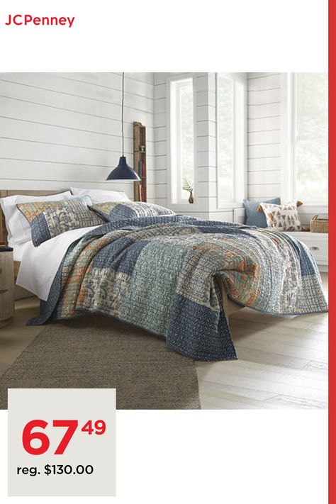 A comfortable blend of farmhouse and cottage style patterning in large patchwork style piecing. Perfect color and pattern for everyday style and comfort. Whether it is for a master bedroom or guest room, this comfortable pre-washed all cotton quilt is cozy and beautiful.Details You'll Love:Casual patchwork patternsPre-washed for ultimate softnessExclusively at JCPenneyIncludes Quilt (sham(s) sold separatelyQuilt Style: PiecedShape: RectangleThread Count: 140Bed Size: Full-QueenFill Weight: 6 1/… Denim Quilt Patterns, Bedding Quilts, Blue Comforter, Bedroom Design Inspiration, Bed Comforter Sets, Bedroom Quilts, Comforter Bedding Sets, Rustic Bedding, Quilted Sham