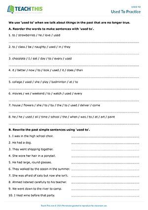 ESL Used To Worksheet - Reading and Writing Exercises - Pre-intermediate (A2) - 30 minutes In this used to worksheet, students practice forms of 'used to' in affirmative and negative statements, and Wh questions. Used To Worksheet, Grammar Activities Worksheets, High School Choir, Esl Activities, Esl Resources, Wh Questions, Writing Exercises, Games Activities, Simple Sentences