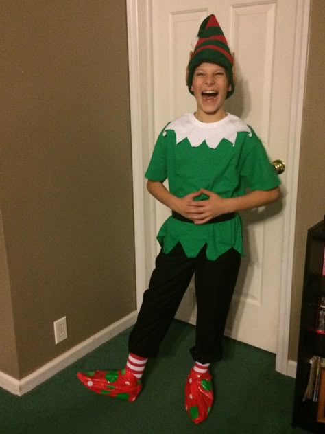 Elf Outfit Ideas For Kids Diy, Dress Like A Elf For School, Homemade Elf Costume, Easy Elf Costume Diy, Santas Elf Costume Diy, Elf Dress Up Day At School, Dress Like An Elf Day At School, Elf Day At School Outfit, Diy Elf Costume For Kids