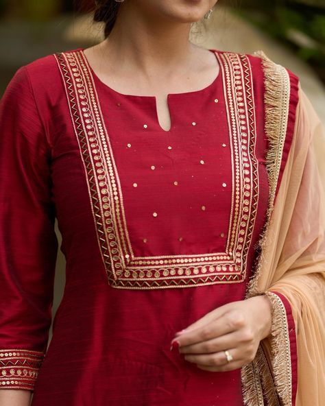 This opulent maroon silk blend kurta is hand-embroidered and comes with matching pants. The exquisite detailing and luxurious fabric create a sophisticated look perfect for any occasion. The optional dupatta adds versatility and elegance to this ensemble. Elevate your style with this expertly crafted outfit. #sujatra #sujatraglobal #sujatrakurta #kurtapantset #festivewear #occasionwear #newarrivals #silkkurta #handembroidery #handembroideredkurta #dupatta #redgolden Red Kurti Design Style, Red Kurti Design, Plain Kurti Designs, Kurti Dupatta, Silk Kurti Designs, Blouse Designs Catalogue, Simple Kurta Designs, Designer Kurti Patterns, Simple Kurti Designs