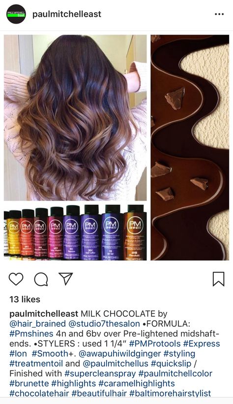 Paul Mitchell Color Formulas, Caramel Formula, Paul Mitchell Color, Color Formulas, Hair Color Formulas, Chocolate Hair, Caramel Highlights, Hair Brained, Paul Mitchell