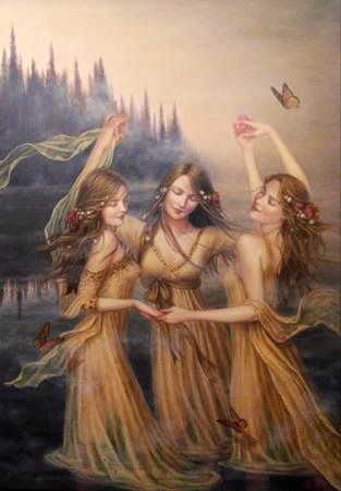 Charites- Greek myth: the three graces. they were three sister minor goddesses of charm, beauty, nature, human creativity, and fertility. they were named Aglaea (Splendor), Euphrosyne (Mirth), and Thalia (Good Cheer). they were the patronesses of amusement and festivals. they were the daughters of Zeus or Helios. Lauri Blank, Foto Langka, Yellow Dresses, Three Women, Greek And Roman Mythology, Art Classique, Three Graces, Roman Mythology, Arte Fantasy