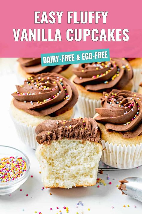 Dairy-Free, Egg-Free, and Vegan Vanilla Cupcakes with chocolate frosting Gluten Free Vanilla Cupcakes, Egg Free Cupcakes, Frosting For Chocolate Cupcakes, Gluten Free Cupcake Recipe, Dairy Free Cupcakes, Vegan Vanilla Cupcakes, Gluten Free Cupcakes Vanilla, Gluten Free Party Food, Butternut Bakery