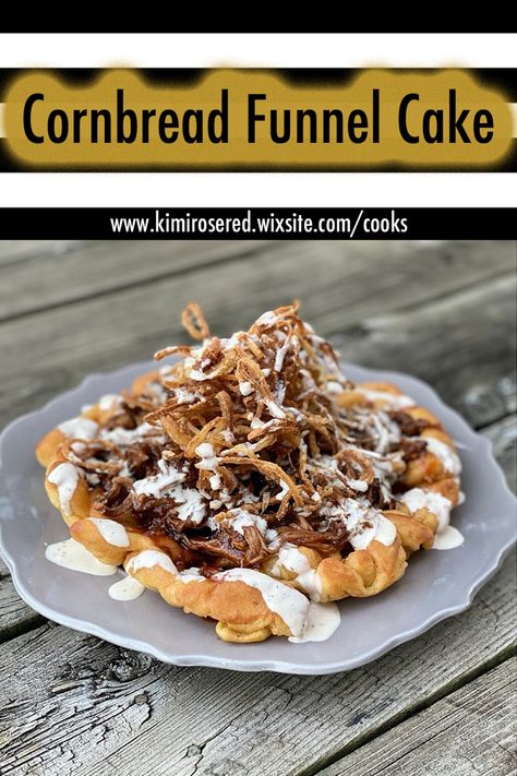 Bbq Fair Food, Cornbread Funnel Cake, Southern Food Truck Ideas, Bbq Food Truck Ideas, Food Truck Favorites, Savory Parfait, Blackstone Funnel Cake, Bbq Food Truck Menu Ideas, Bbq Parfait Pulled Pork