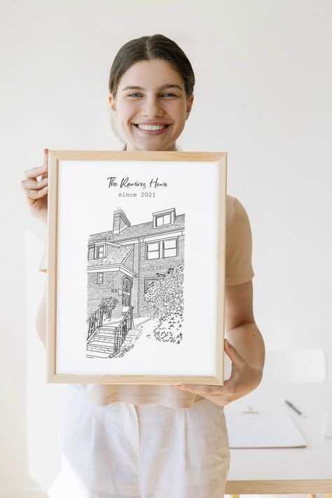 First Home Art, First Home Painting, House Line Art Drawing, Line Drawing House, Home Illustration House, House Line Art, House Portrait Drawing, Illustration House, Emotional Gifts