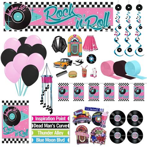 #themeparty #50’s #deco #party 1950s Party Decorations, Grease Themed Parties, New Years Party Themes, Grease Theme, 50s Rock And Roll, Balloon Arch Diy, 1950s Rock And Roll, Christmas Party Planning, Rock N Roll Party