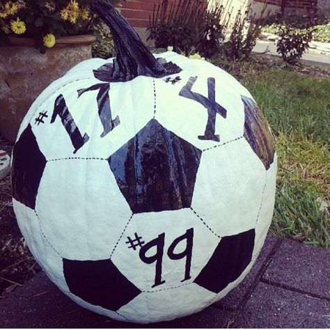 Pumpkin Soccer Ball, Sport Pumpkin Painting Ideas, Soccer Ball Pumpkin Painting, Soccer Pumpkin Painting, Soccer Trunk Or Treat, Creative Pumpkin Carving Ideas Funny, Soccer Ball Pumpkin, Soccer Pumpkin, Disney Pumpkin Painting