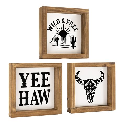 PRICES MAY VARY. Size: 5.9*5.9inchs, Thickness 1.18 Inchs, Vintage Print Wood Sign. decorative: bull head, cactus, the geometric design, creates a captivating visual appeal that complements various interior styles western theme decor: cowgirl room, ranch, house decor, modern living room, office, kitchen, dorm, teen girls room, restroom,nursery. the 3-piece rack is decorated with black and white plaques, printed with the words "YEE HAW" and "WILD&FREE", and features country cowboy-inspired artwor Western Decor Above Kitchen Cabinets, Western Apartment Decor Kitchen, Rodeo Signs, Western Apartment Decor, Western Theme Decor, Western Decor Living Room, Boho Rustic Home, Western Bathroom Decor, Western Bathroom